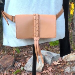 Ivanka Trump Camel Leather Belt Bag Magnetic Snap Closure Gold Hardware Braided